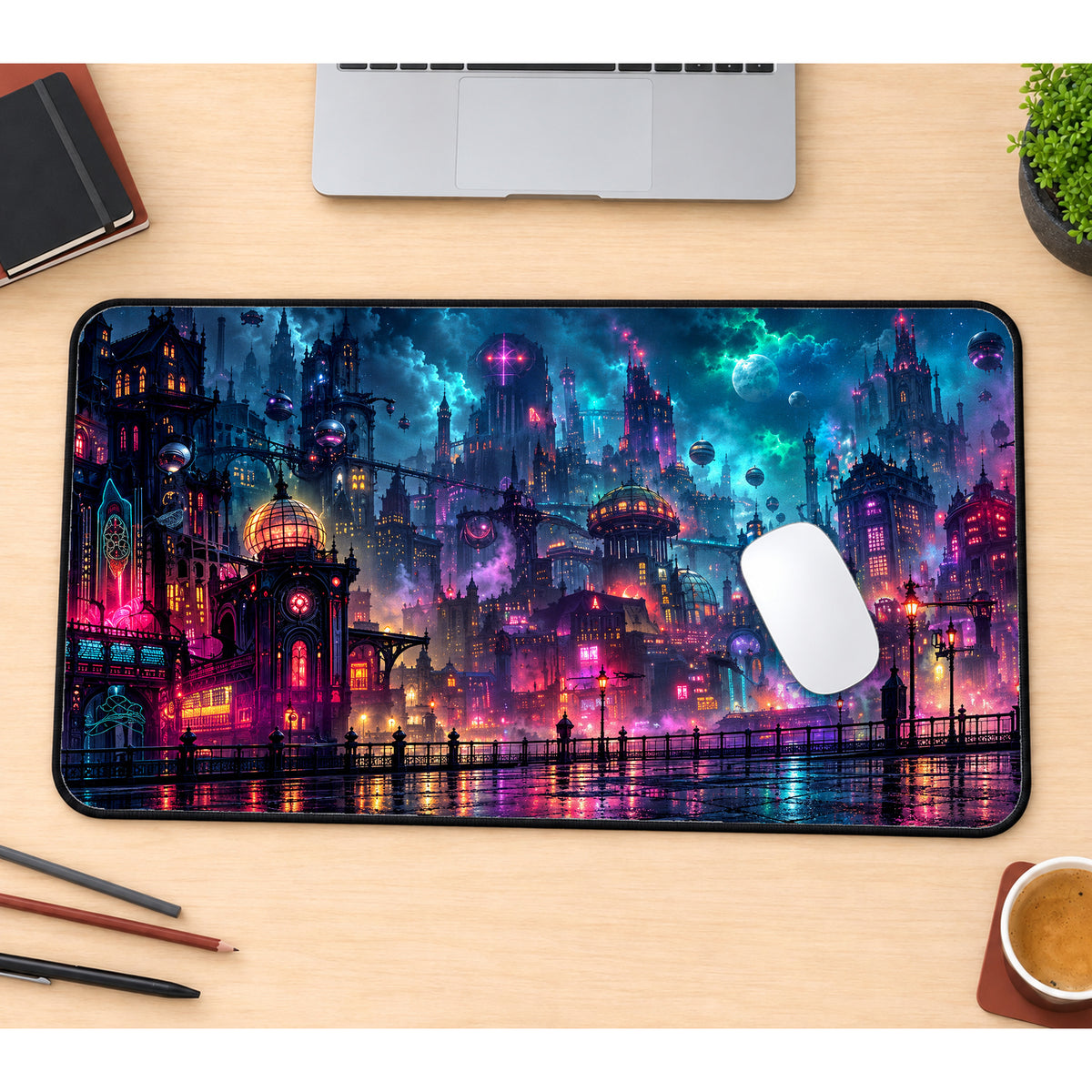 Ghostly Neon City Desk Mat — product mockup 1