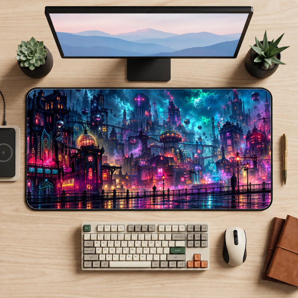 Ghostly Neon City Desk Mat — product mockup 2