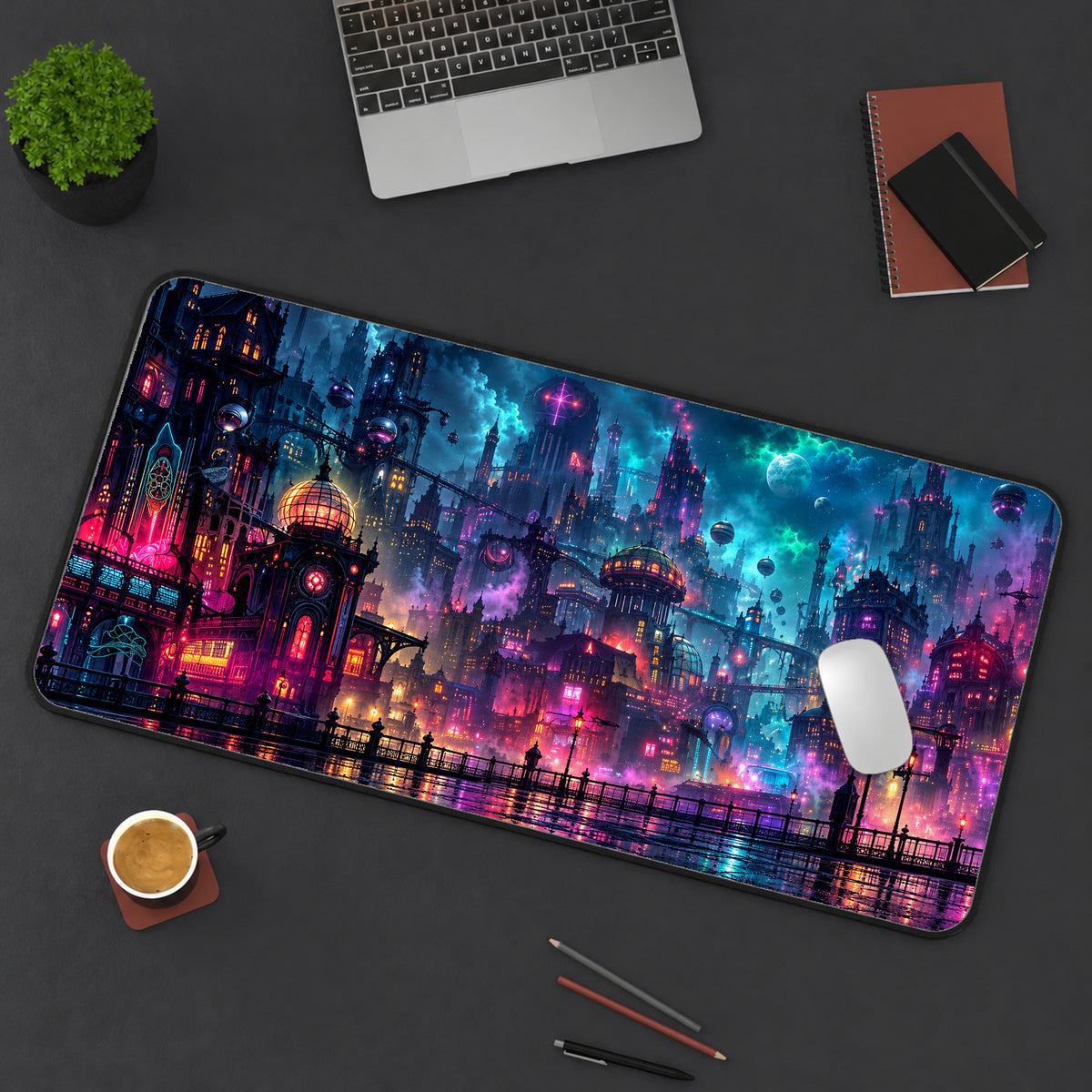 Ghostly Neon City Desk Mat — product mockup 3