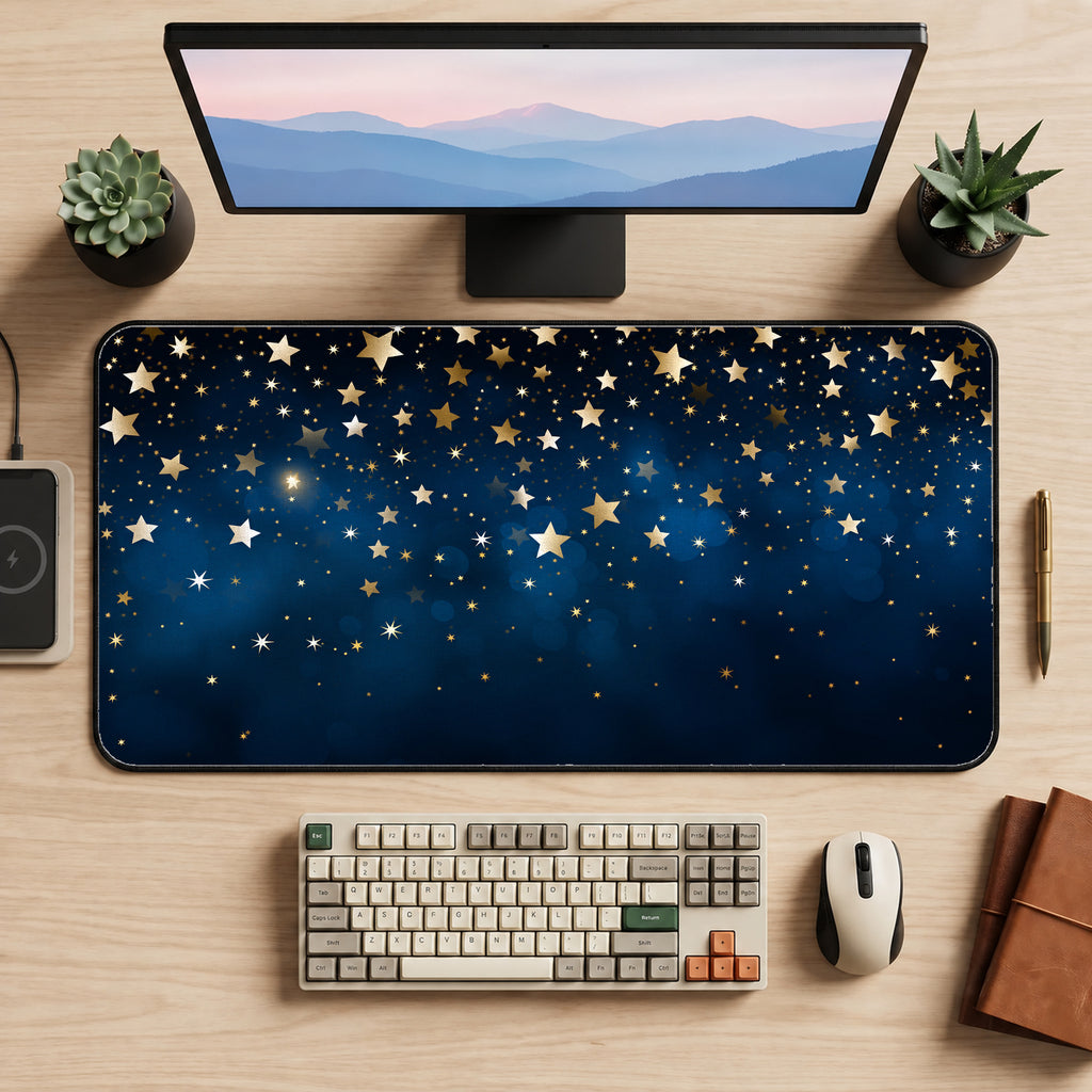 Golden Stars on Navy Desk Mat — product mockup 2