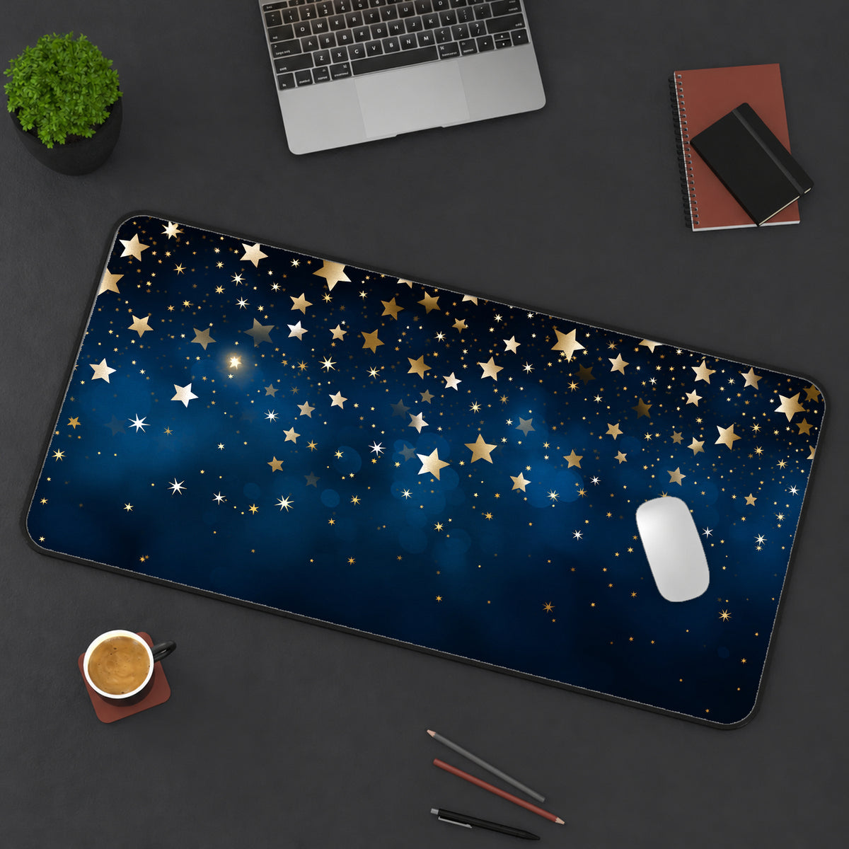Golden Stars on Navy Desk Mat — product mockup 3