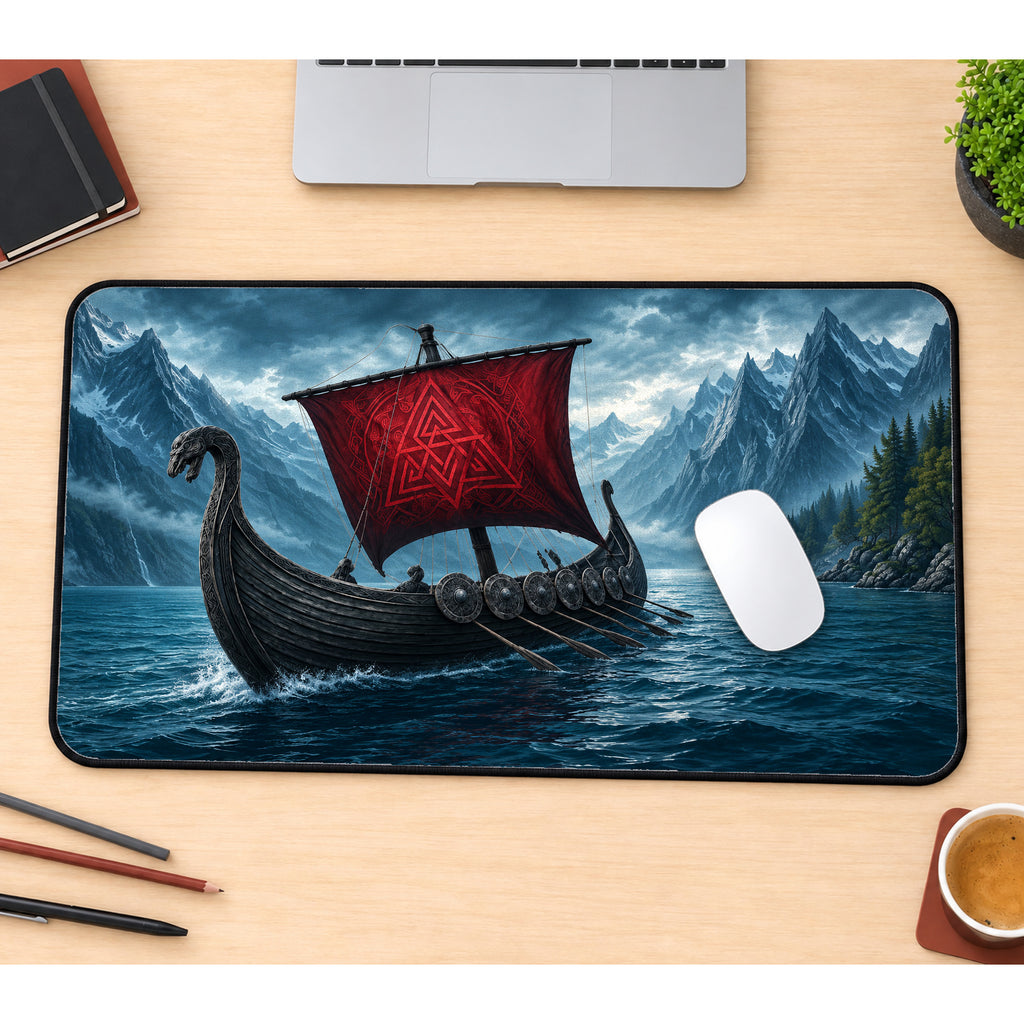 Viking Longboat with Red Sail Desk Mat — product mockup 1