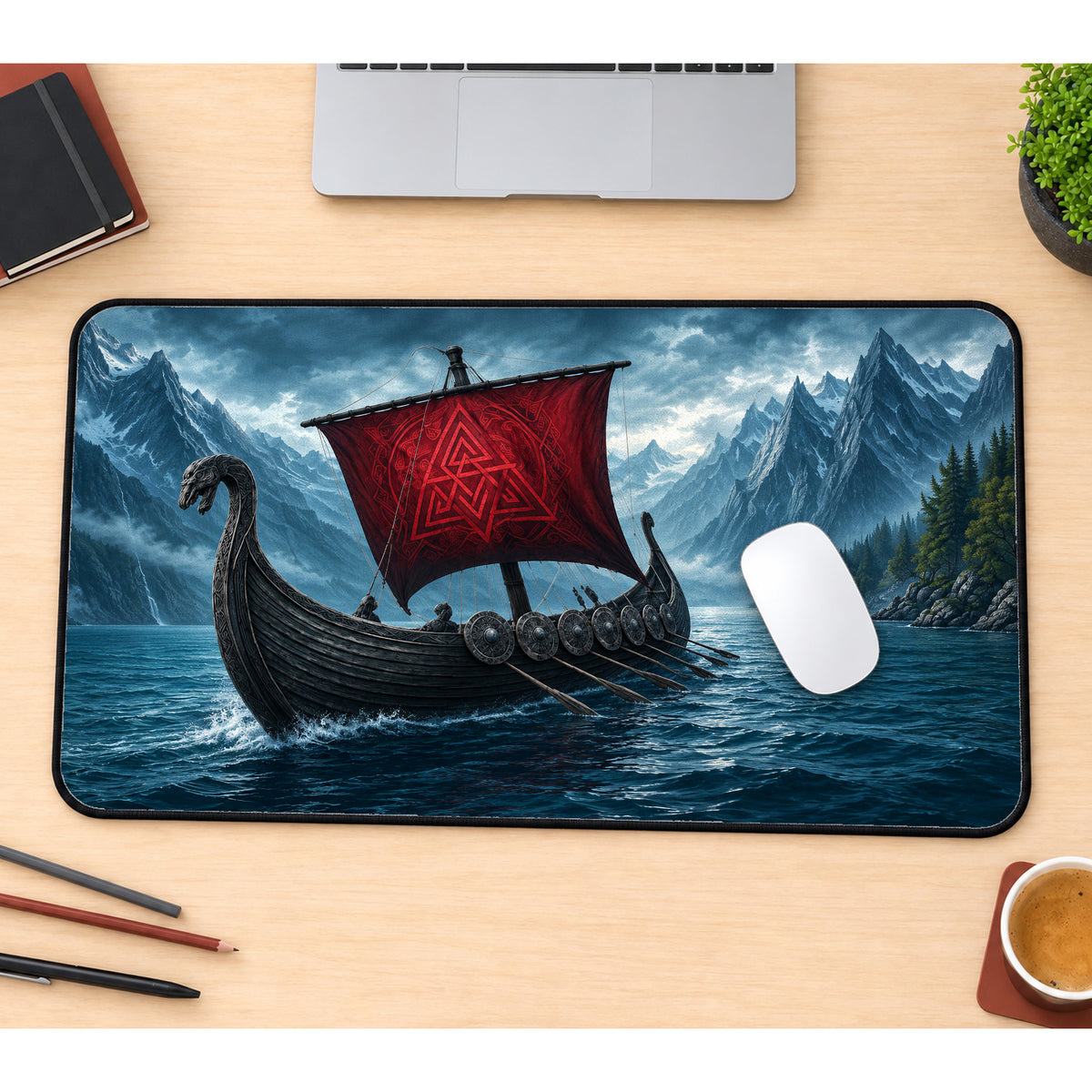 Viking Longboat with Red Sail Desk Mat — product mockup 1