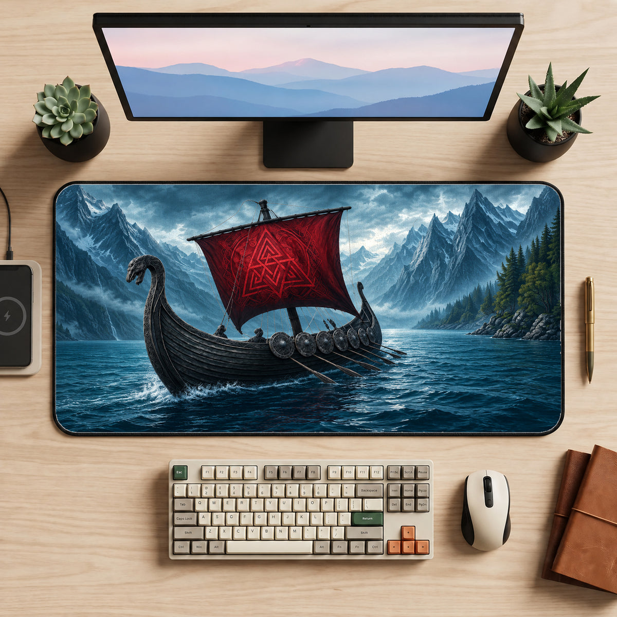 Viking Longboat with Red Sail Desk Mat — product mockup 2