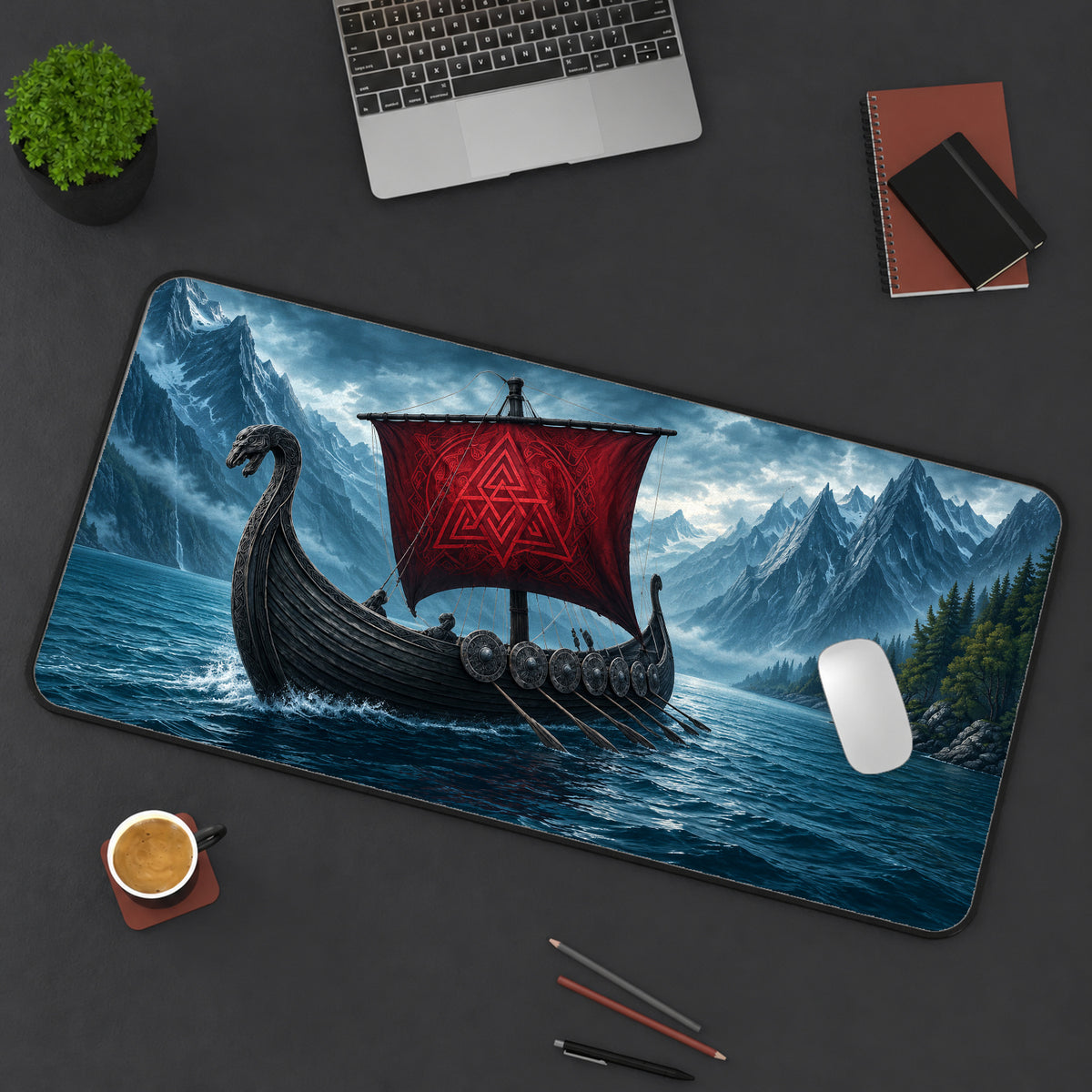 Viking Longboat with Red Sail Desk Mat — product mockup 3