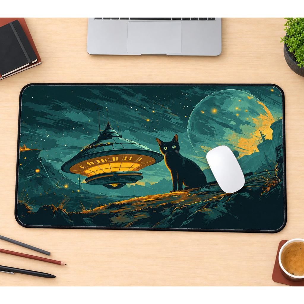 UFO and Black Cat Desk Mat — product mockup 1