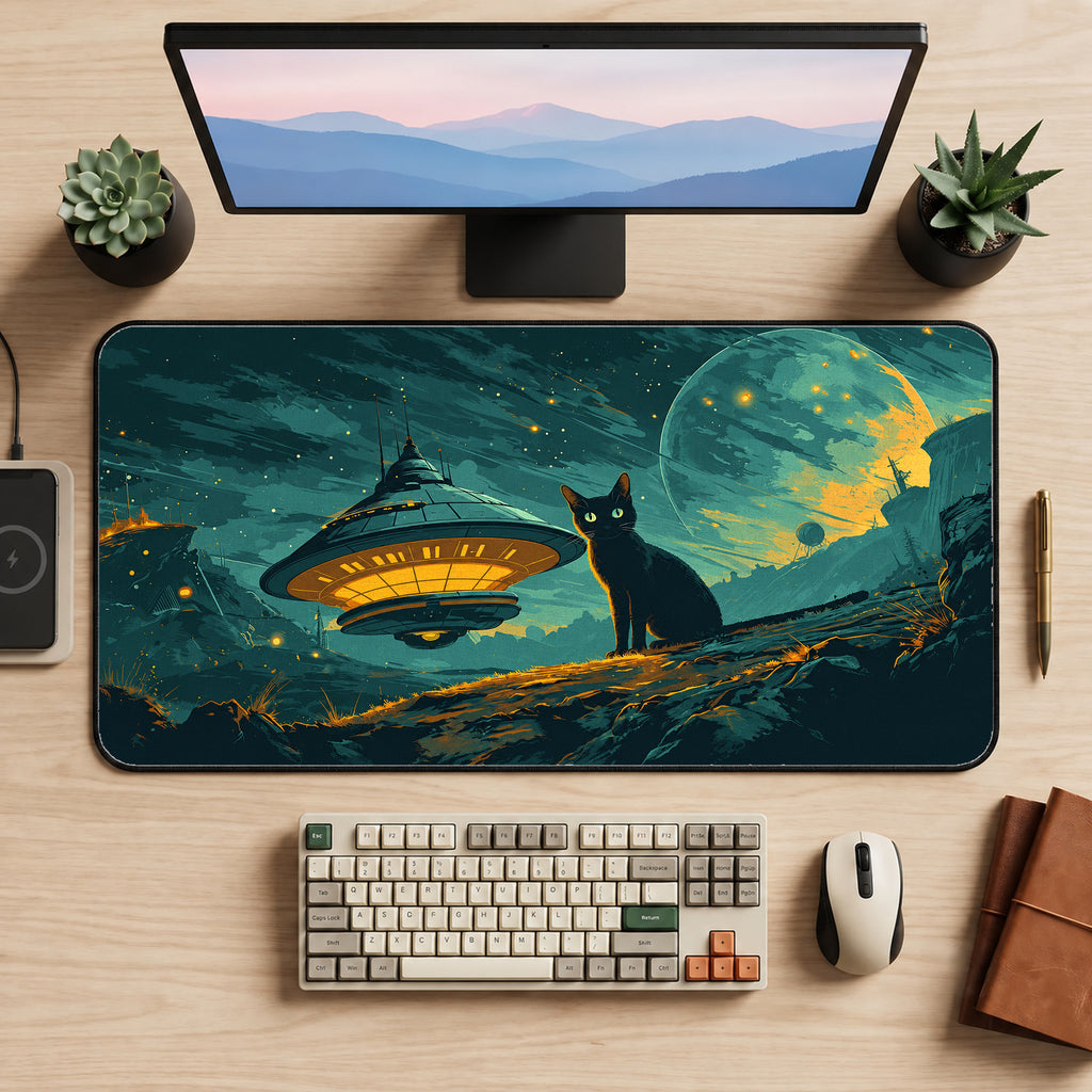 UFO and Black Cat Desk Mat — product mockup 2