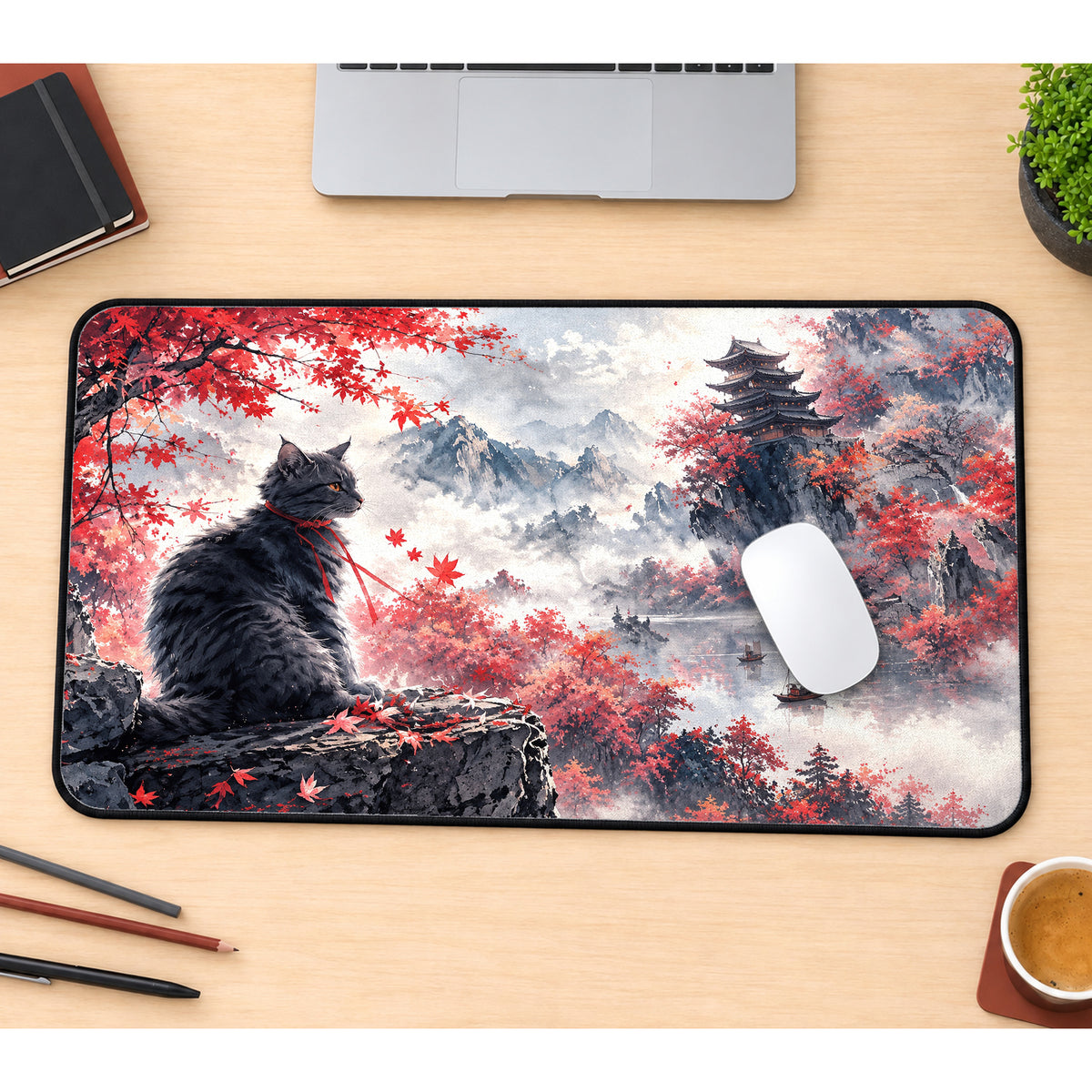 Watercolor Japanese Cat Desk Mat — product mockup 1