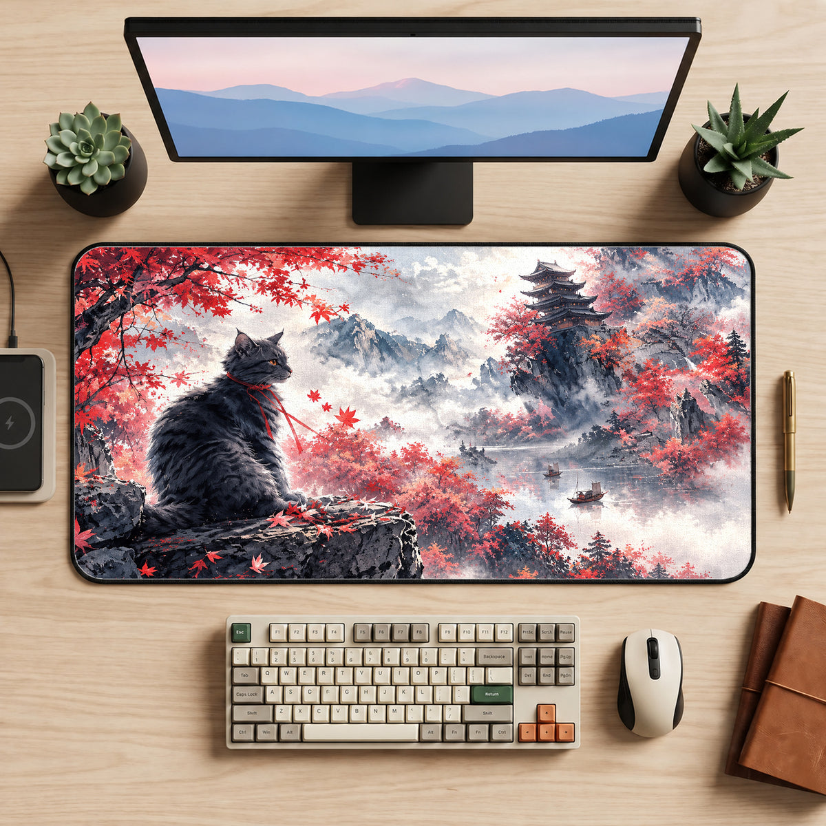 Watercolor Japanese Cat Desk Mat — product mockup 2