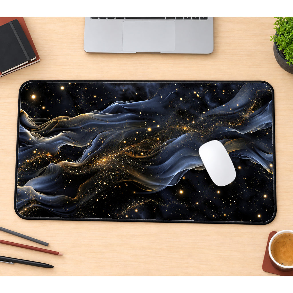 Black and Gold Cosmic Wisps Desk Mat — product mockup 1