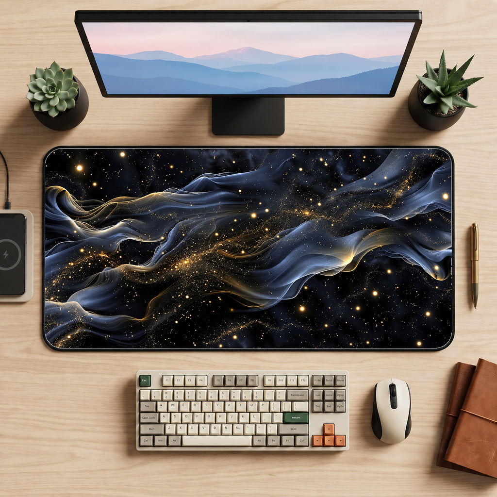 Black and Gold Cosmic Wisps Desk Mat — product mockup 2