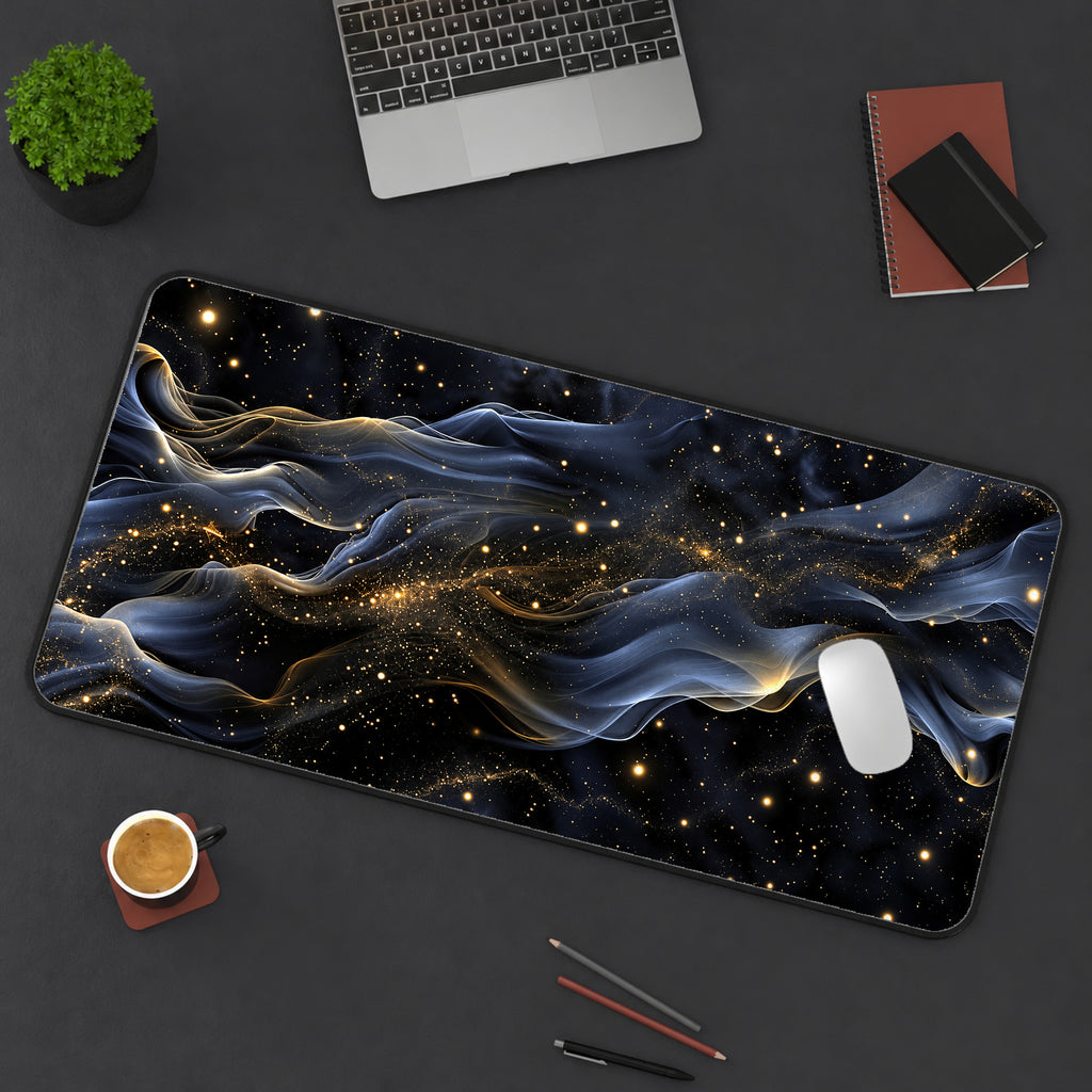 Black and Gold Cosmic Wisps Desk Mat — product mockup 3