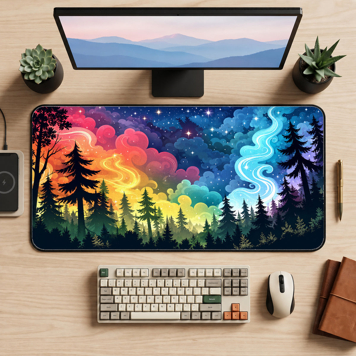 Rainbow Forest Night Desk Mat — product mockup 2