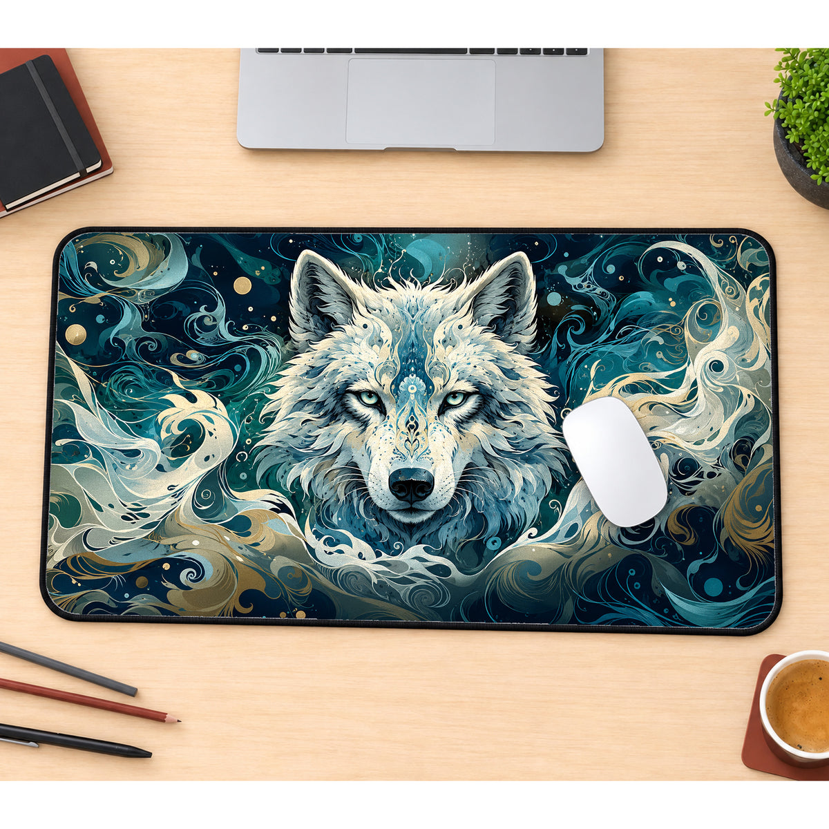 Ornate White Wolf Desk Mat — product mockup 1