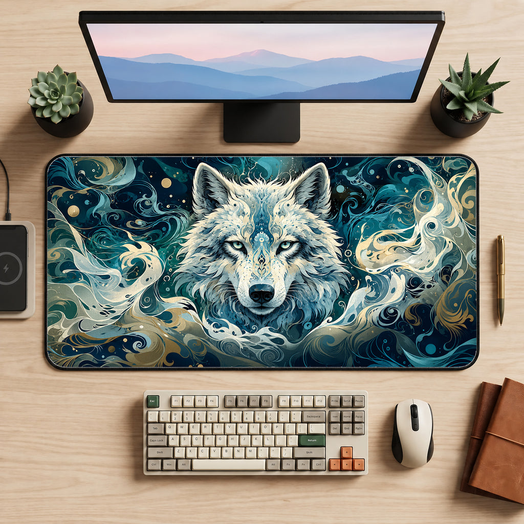 Ornate White Wolf Desk Mat — product mockup 2