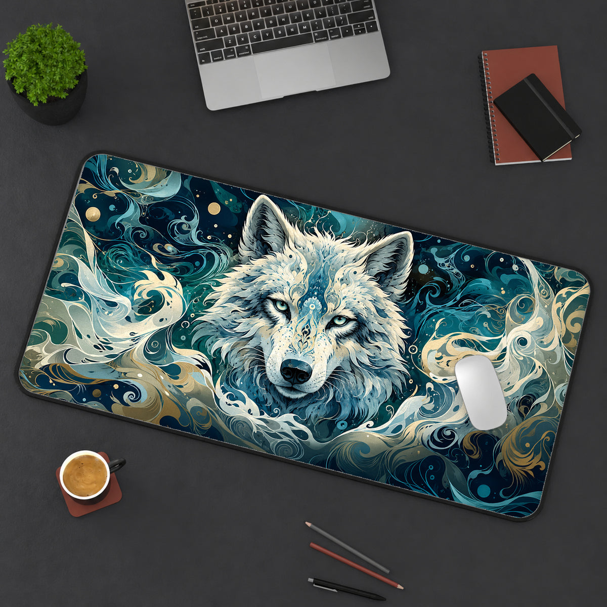 Ornate White Wolf Desk Mat — product mockup 3