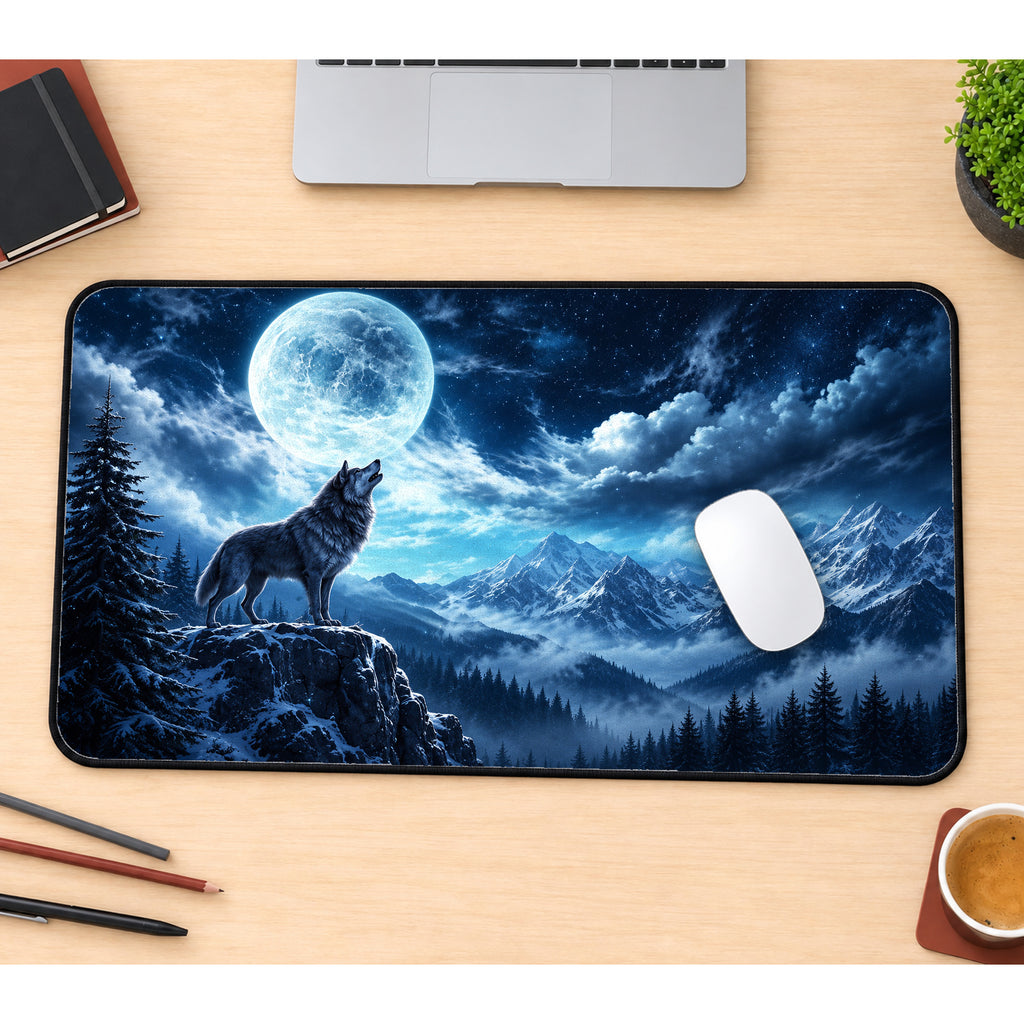 Wolf Beneath the Full Moon Desk Mat — product mockup 1