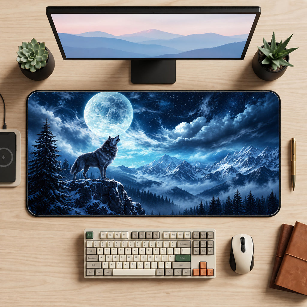 Wolf Beneath the Full Moon Desk Mat — product mockup 2