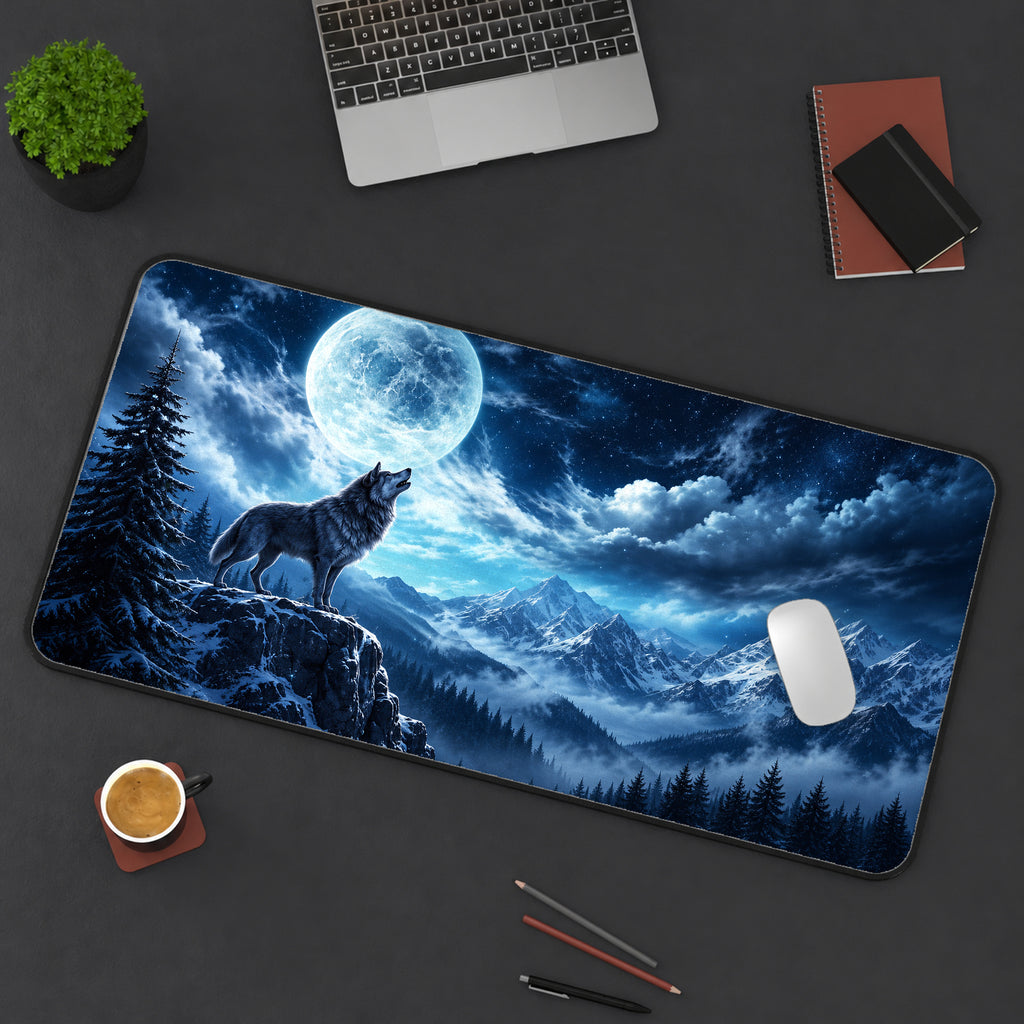 Wolf Beneath the Full Moon Desk Mat — product mockup 3