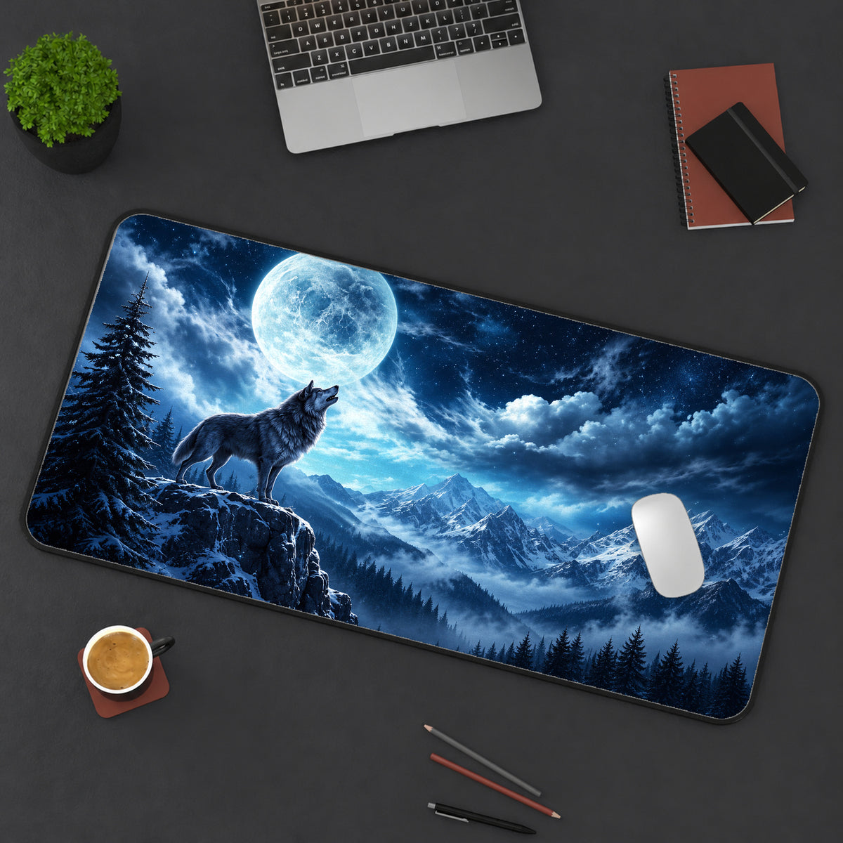 Wolf Beneath the Full Moon Desk Mat — product mockup 3