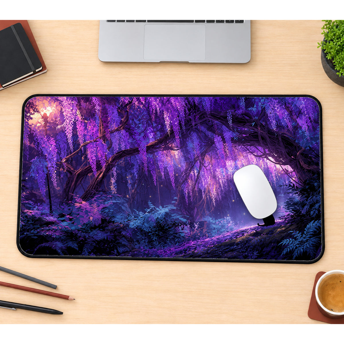 Cat in a Purple Forest Desk Mat — product mockup 1