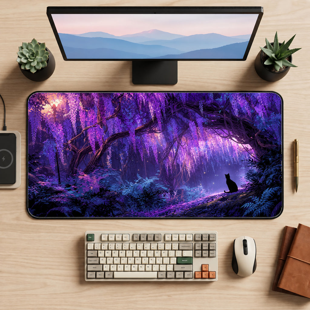 Cat in a Purple Forest Desk Mat — product mockup 2