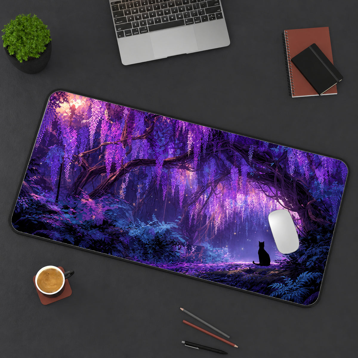 Cat in a Purple Forest Desk Mat — product mockup 3