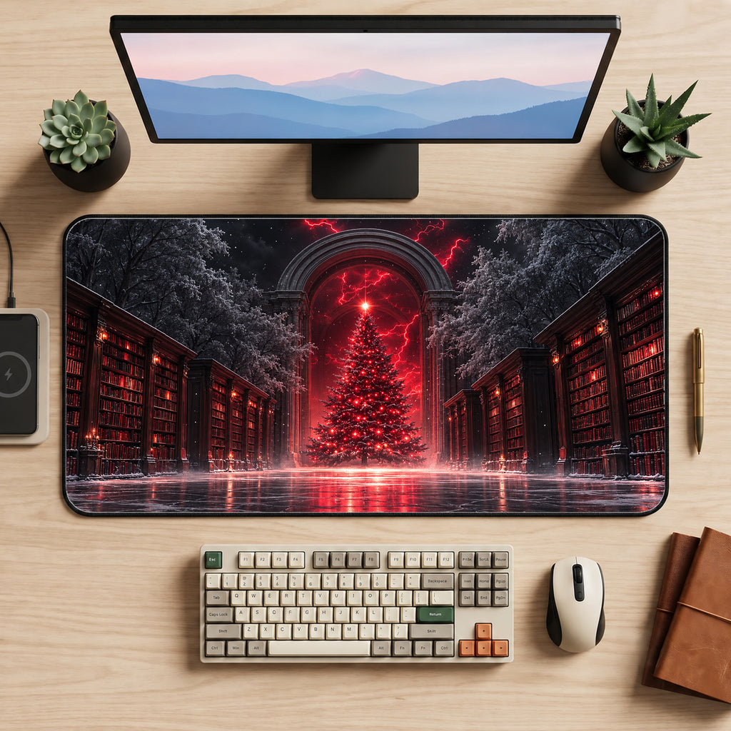 Gothic Library Christmas Tree Desk Mat — product mockup 2
