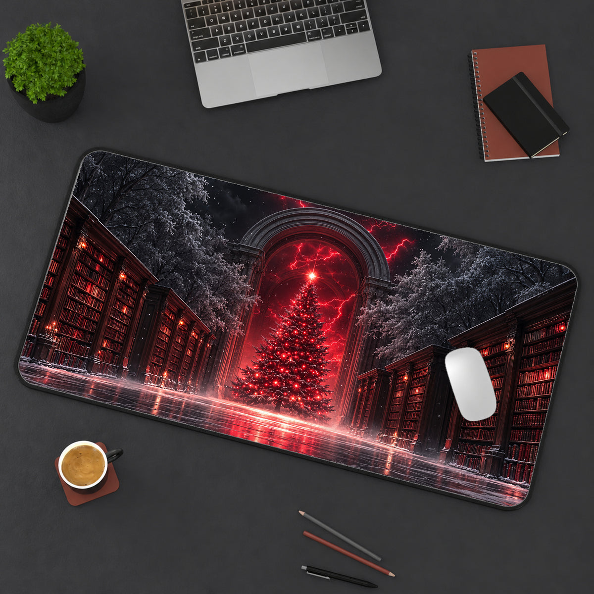 Gothic Library Christmas Tree Desk Mat — product mockup 3