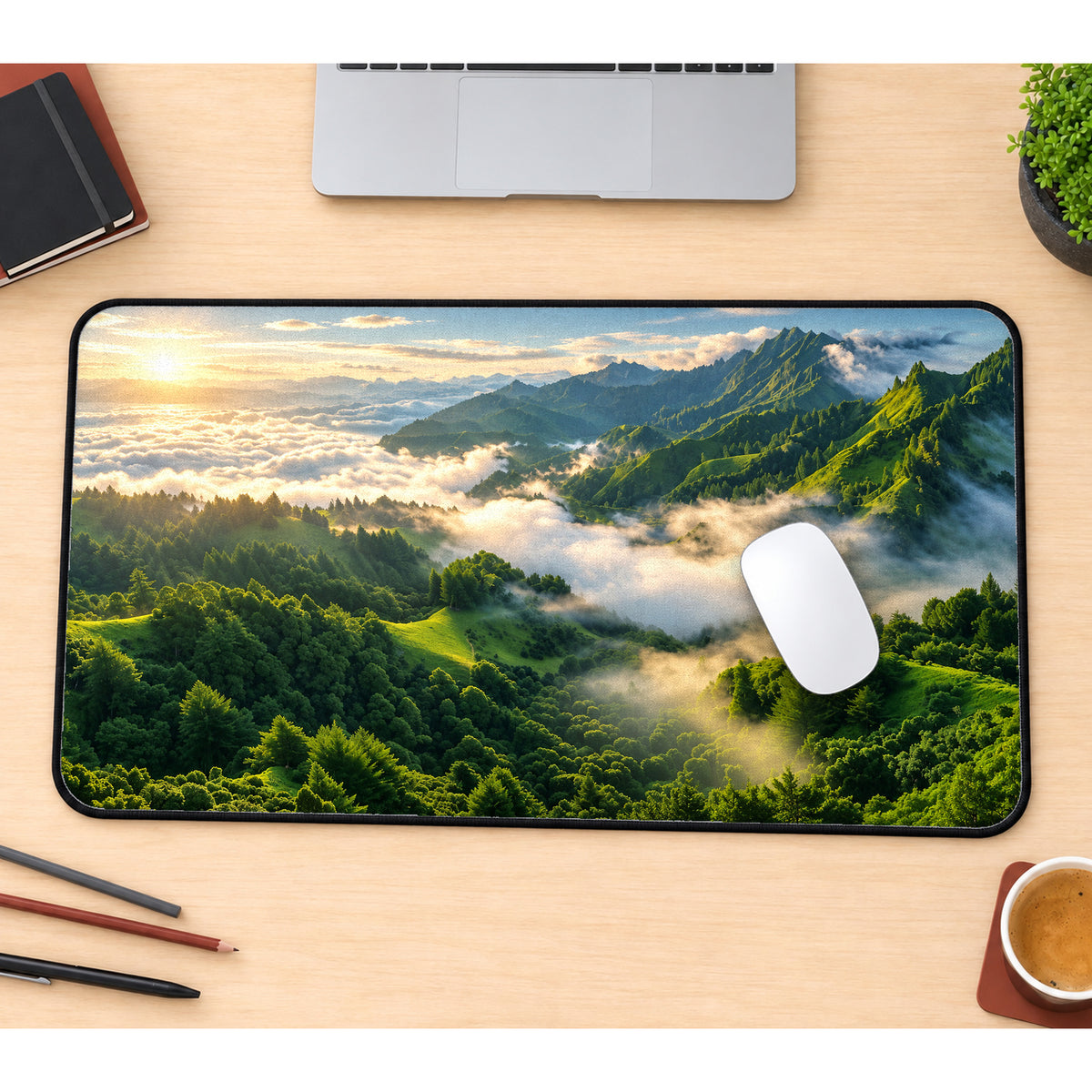 Lush Mountain Morning Desk Mat — product mockup 1