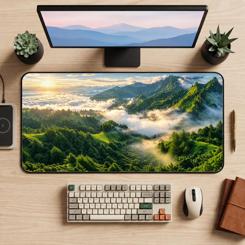 Lush Mountain Morning Desk Mat — product mockup 2