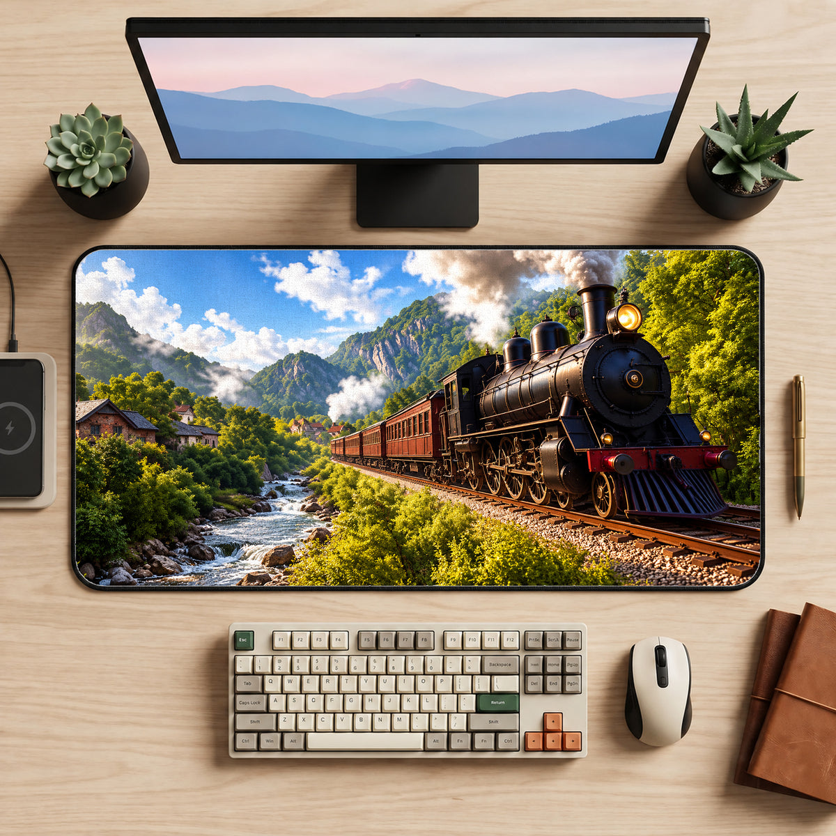 Scenic Steam Train Desk Mat — product mockup 2
