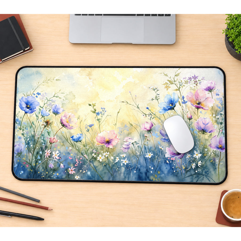 Pastel Watercolor Wildflowers Desk Mat — product mockup 1