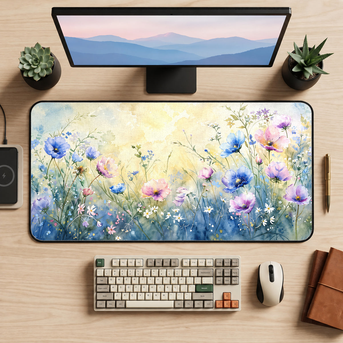 Pastel Watercolor Wildflowers Desk Mat — product mockup 2
