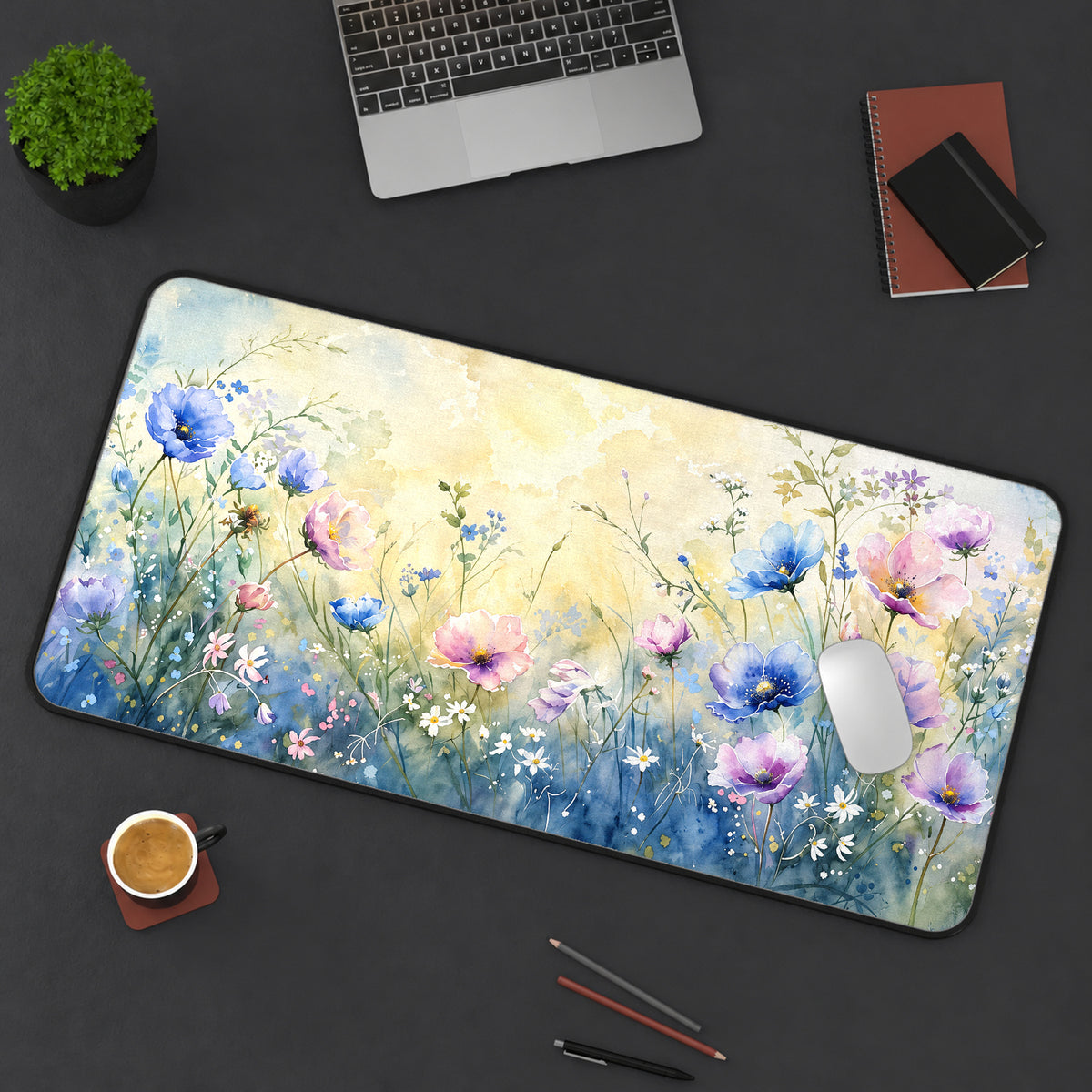 Pastel Watercolor Wildflowers Desk Mat — product mockup 3