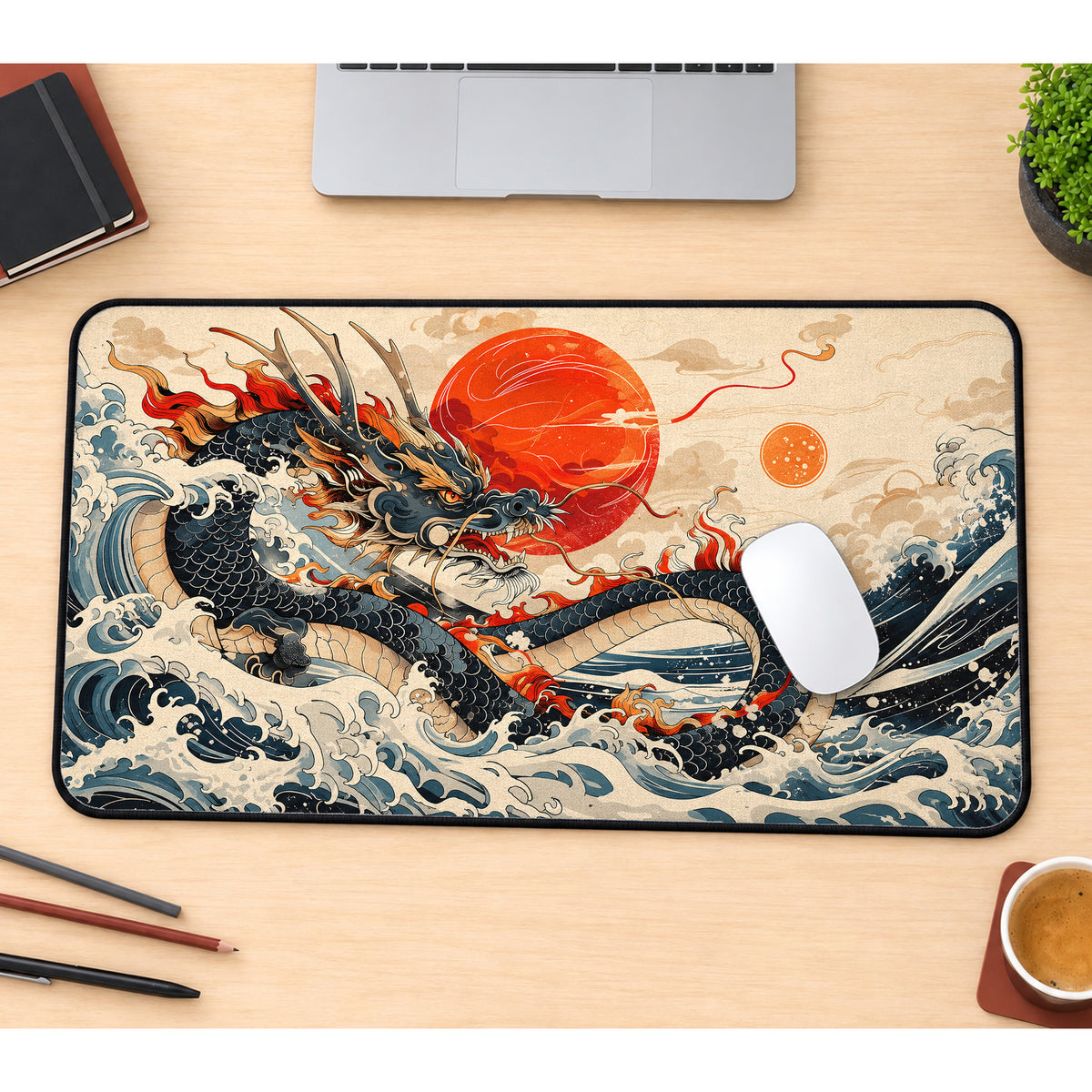 Japanese Dragon and Red Sun Desk Mat — product mockup 1