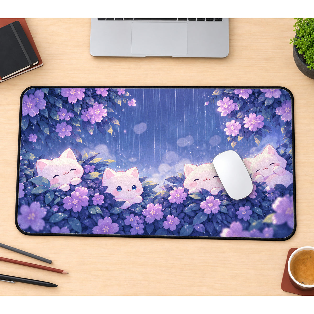 Cats in Purple Hydrangeas Desk Mat — product mockup 1