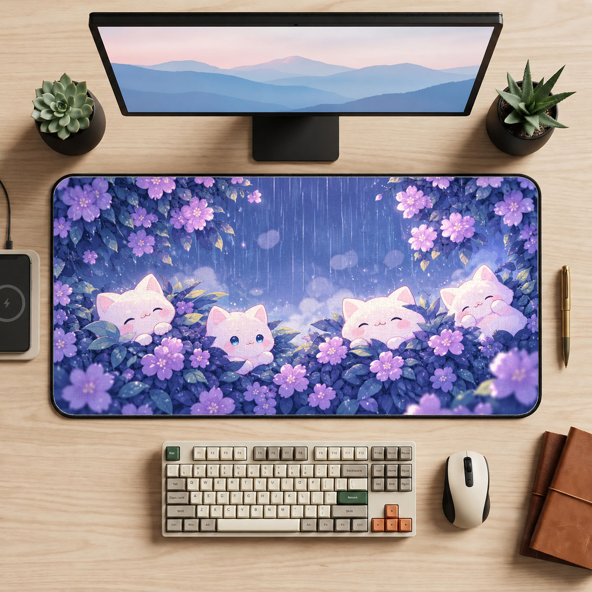 Cats in Purple Hydrangeas Desk Mat — product mockup 2
