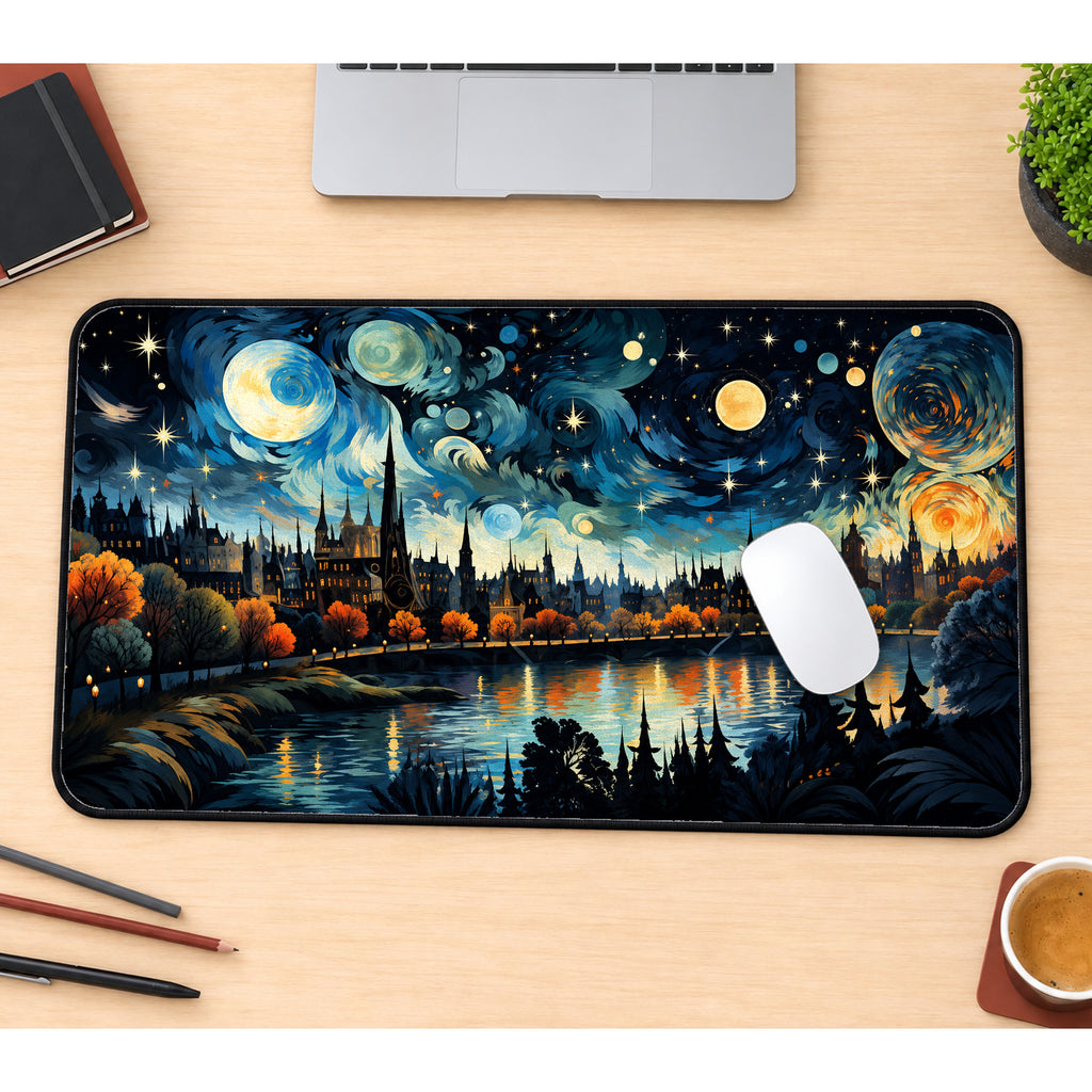 Starry Riverside Skyline Desk Mat — product mockup 1
