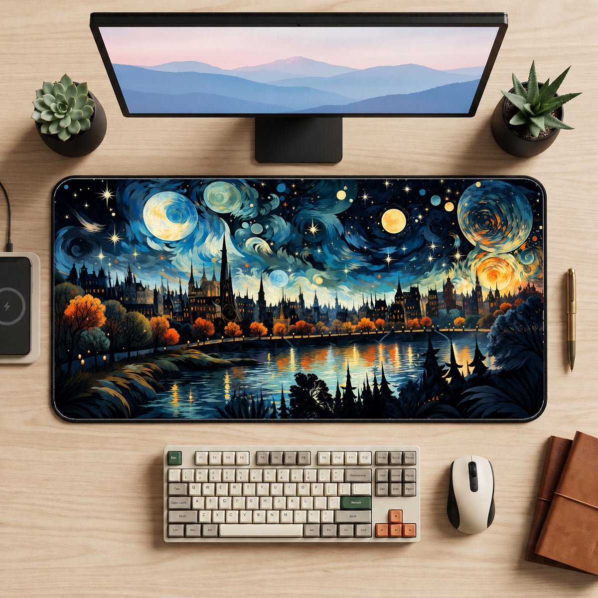 Starry Riverside Skyline Desk Mat — product mockup 2
