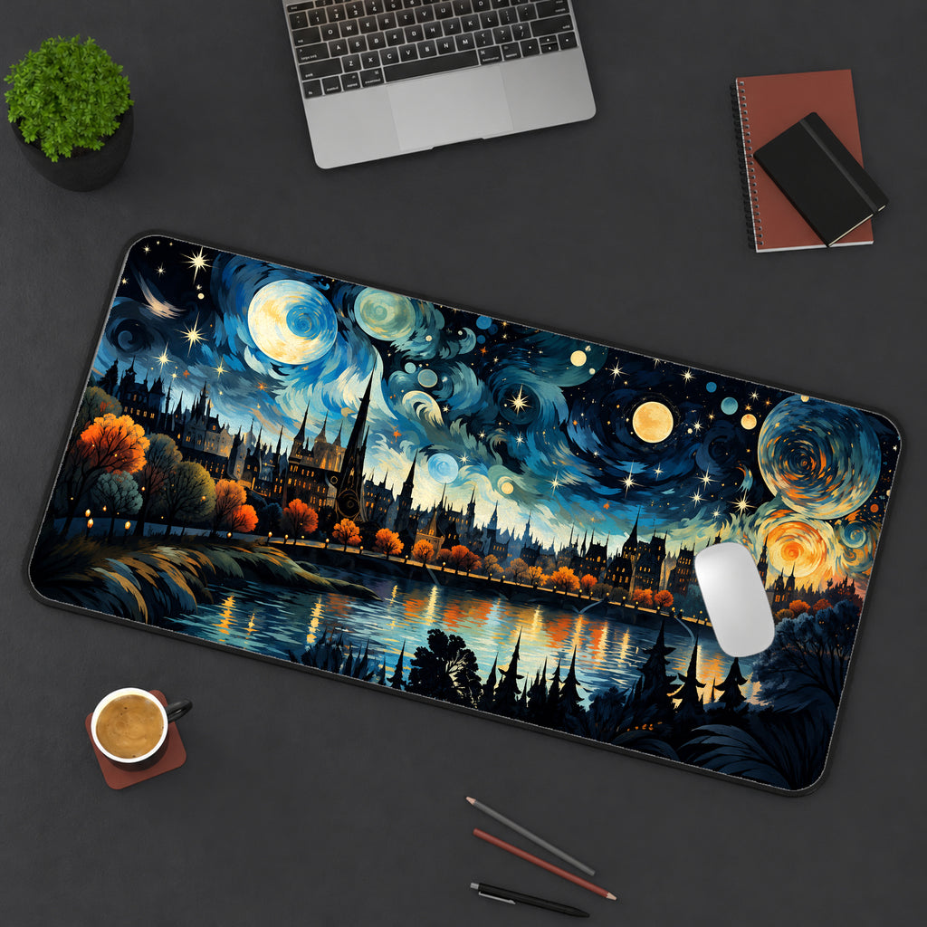 Starry Riverside Skyline Desk Mat — product mockup 3