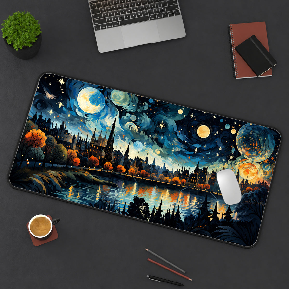 Starry Riverside Skyline Desk Mat — product mockup 3