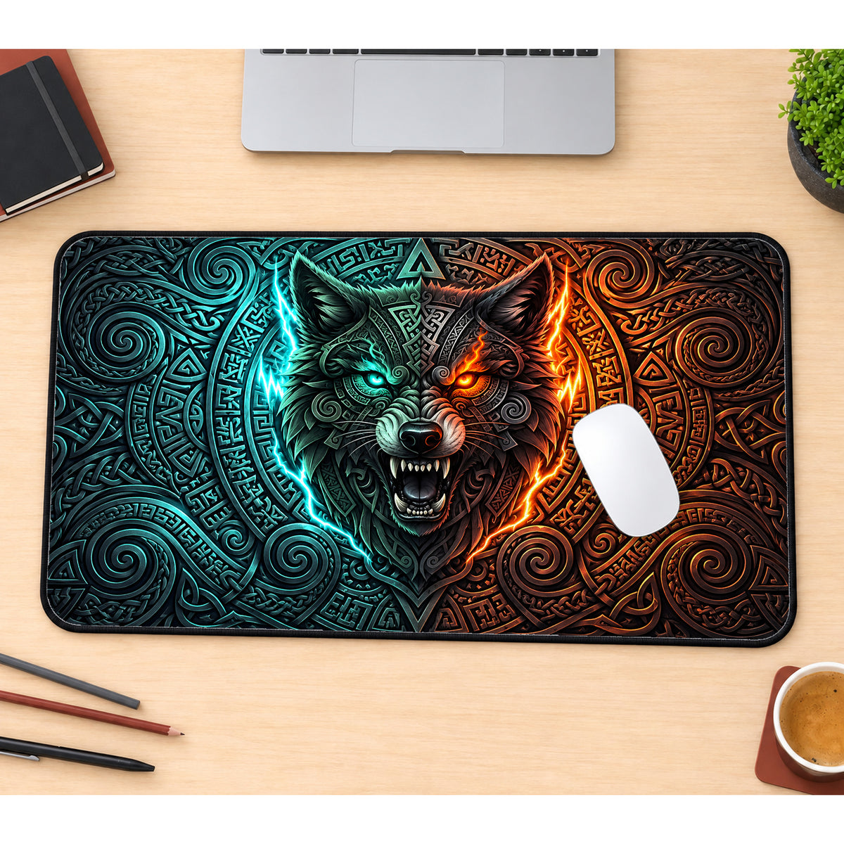 Norse Wolf Emblem Desk Mat — product mockup 1