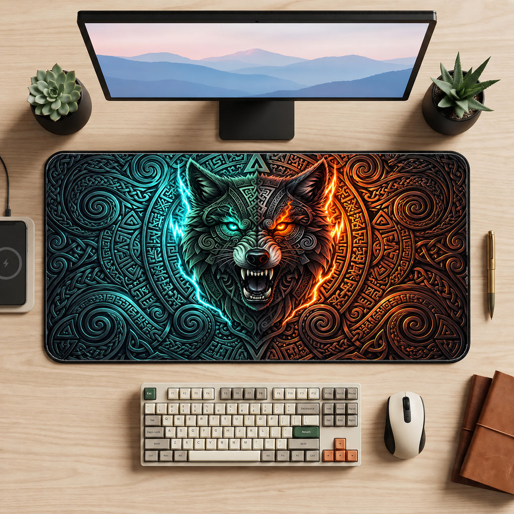 Norse Wolf Emblem Desk Mat — product mockup 2