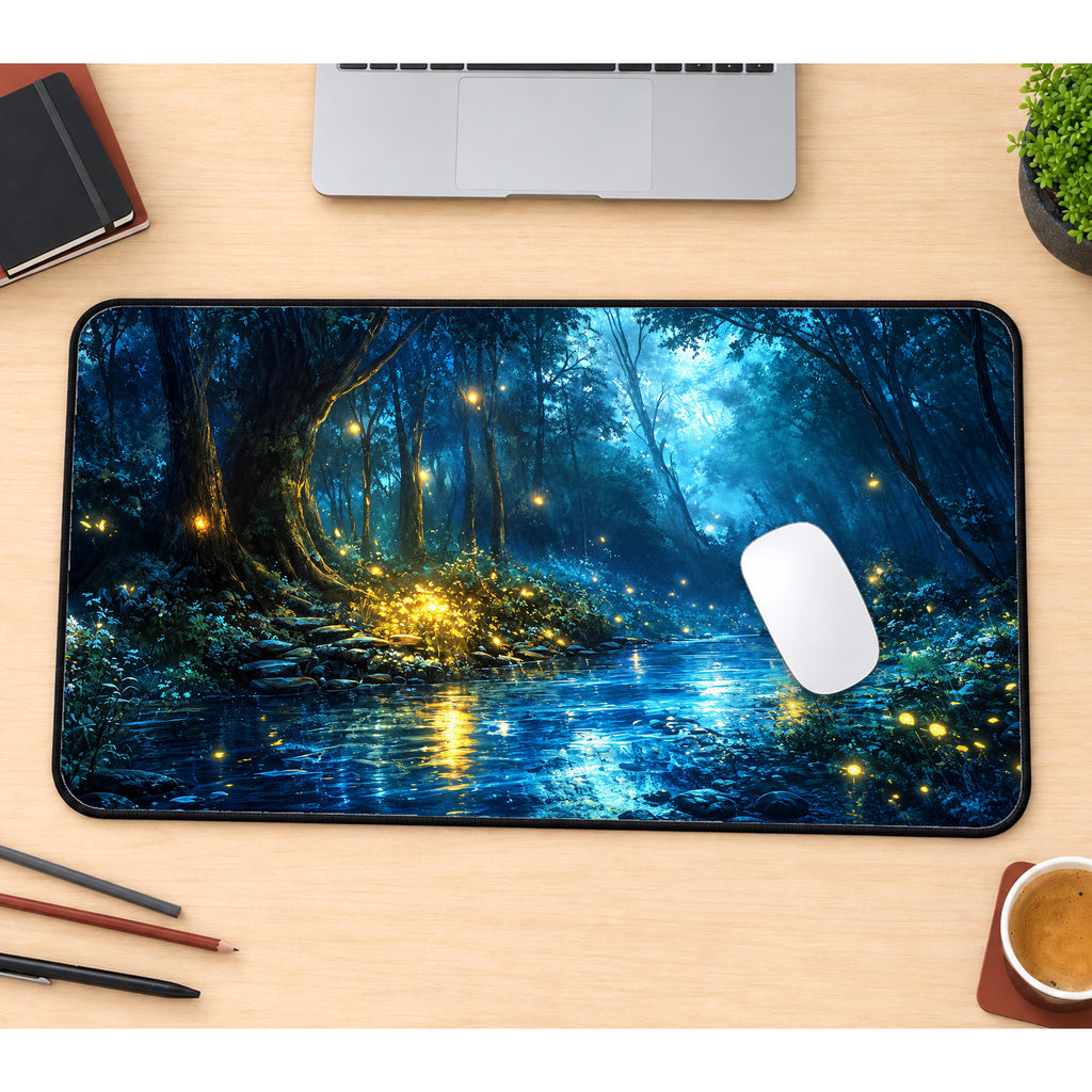 Blue Forest Fireflies Desk Mat — product mockup 1