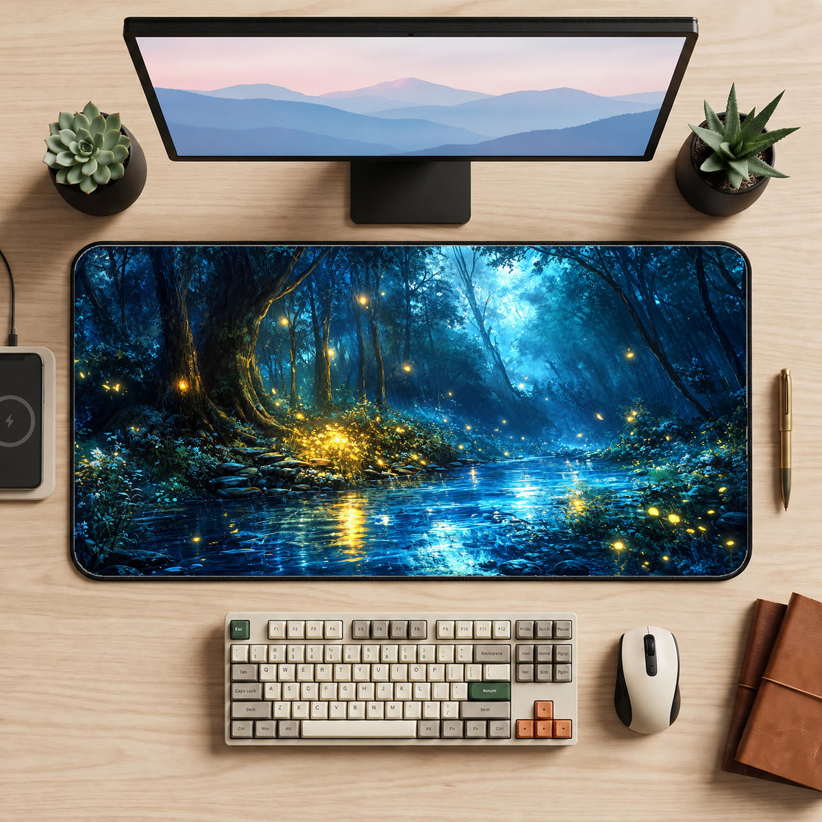Blue Forest Fireflies Desk Mat — product mockup 2