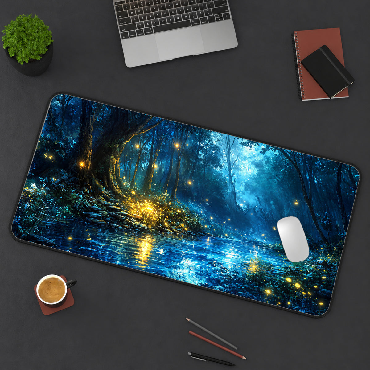 Blue Forest Fireflies Desk Mat — product mockup 3