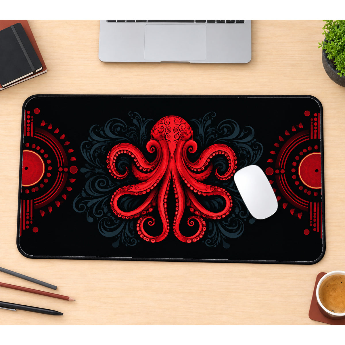 Red Aztec Octopus Desk Mat — product mockup 1