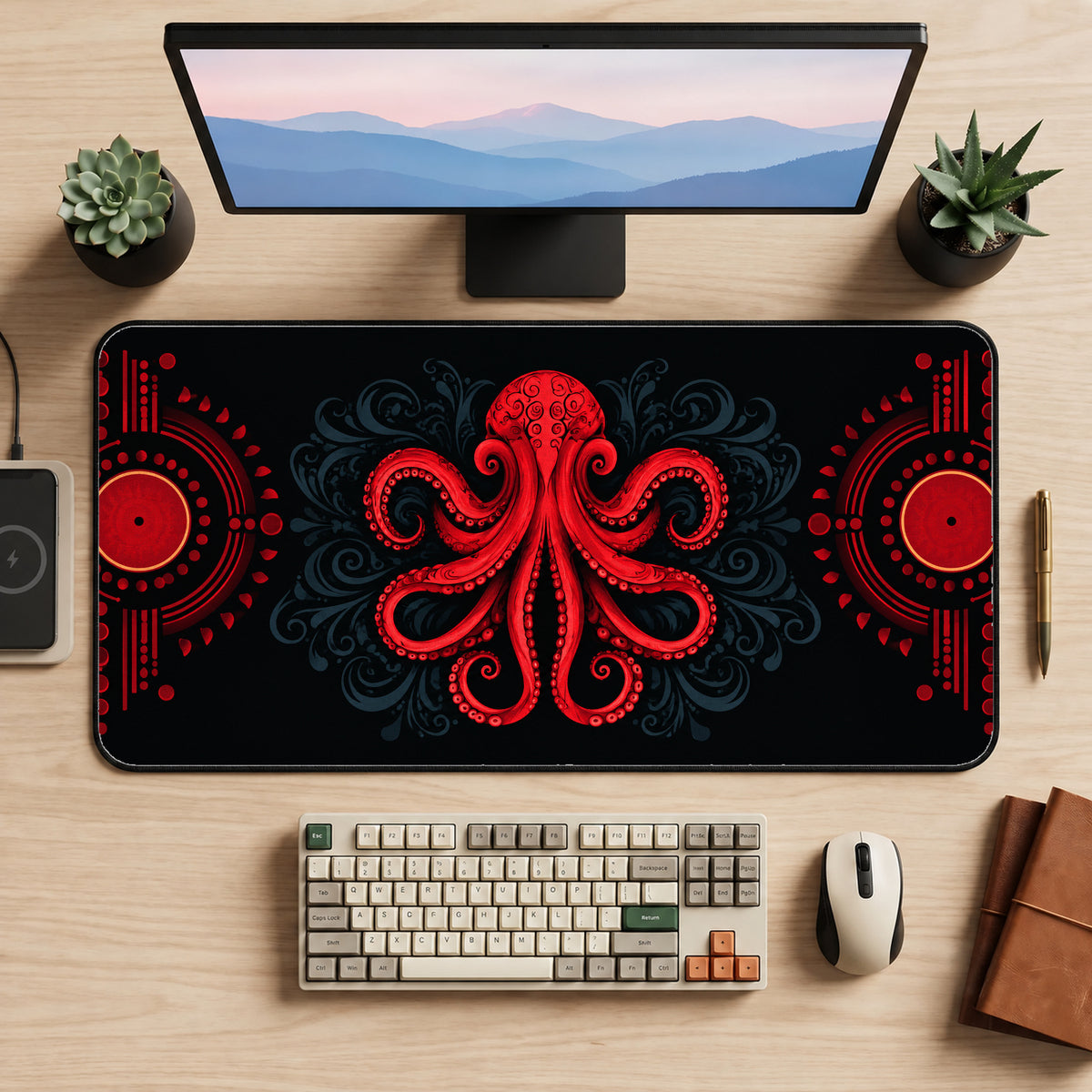 Red Aztec Octopus Desk Mat — product mockup 2