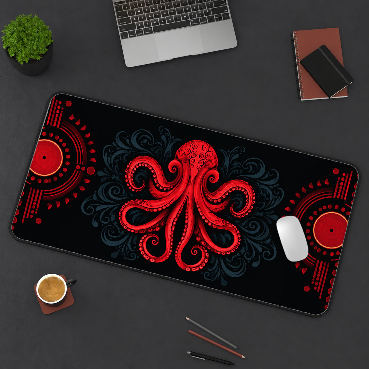 Red Aztec Octopus Desk Mat — product mockup 3